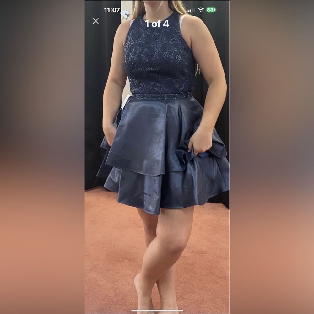 navy Short prom Dress ~ Size 12/14.  Has Pockets.  Only Worn Once.